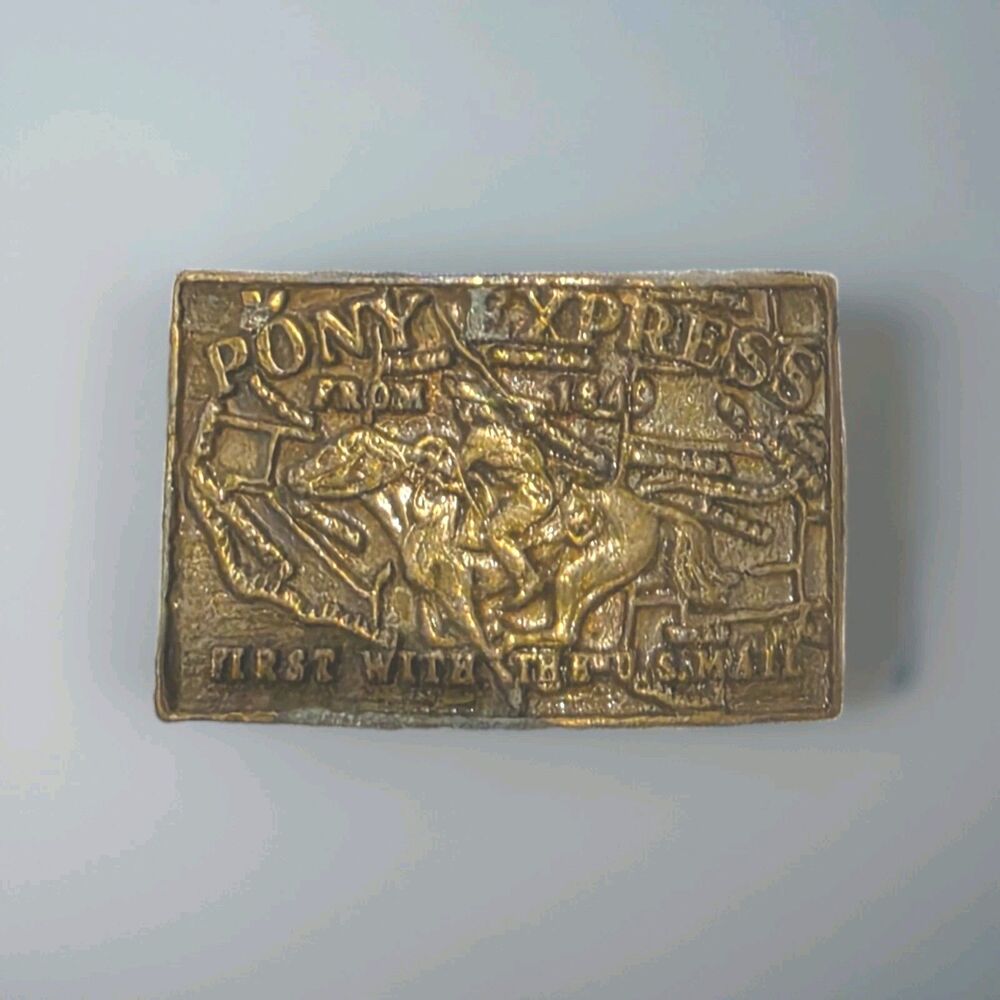 Vintage Brass Pony Express Belt Buckle First With The U.S. Mail Map Western